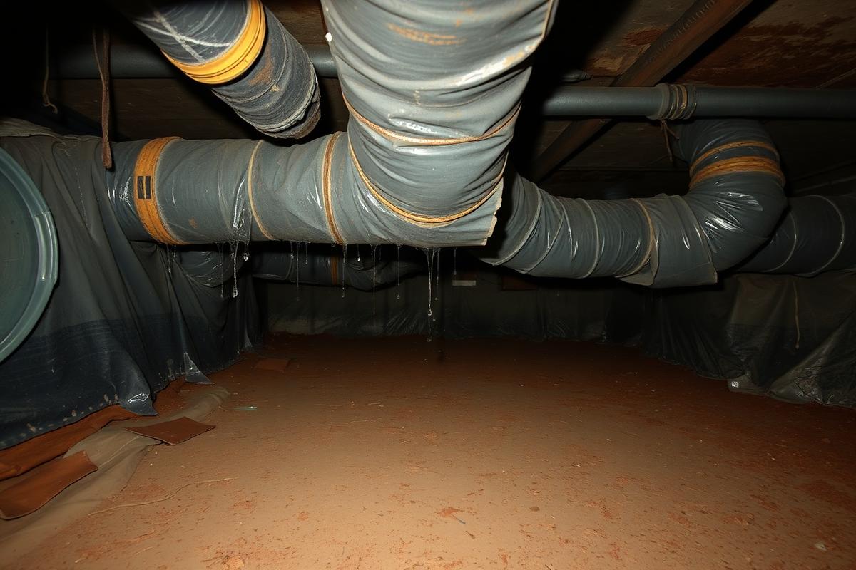 Partially covered crawl space soil with exposed damp ground between sheets