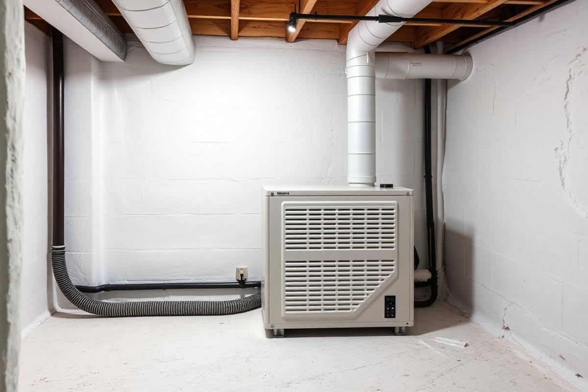 Crawl space dehumidifier installed against a sealed white foundation wall