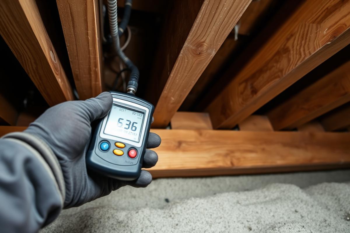 Gloved hand holding a moisture meter against a crawl space floor joist