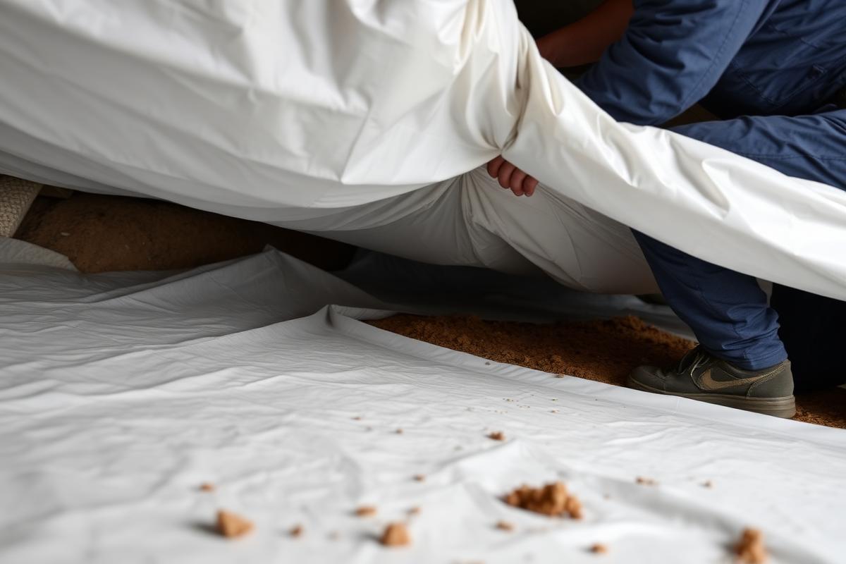 Installer laying reinforced white vapor barrier sheeting across a crawl space floor
